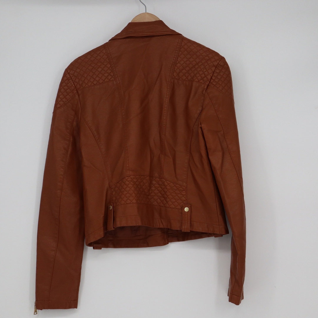 Express Womens Cognac Brown Faux Leather Quilted Moto Jacket Size S Gold Zip