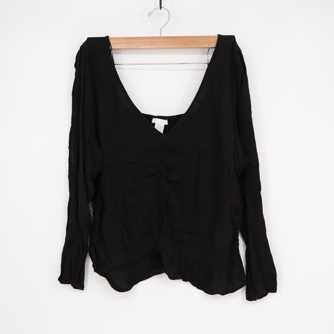 H&M Cropped Top Womens 2XL Black Ruched Long Sleeve V-Neck Backless Pullover