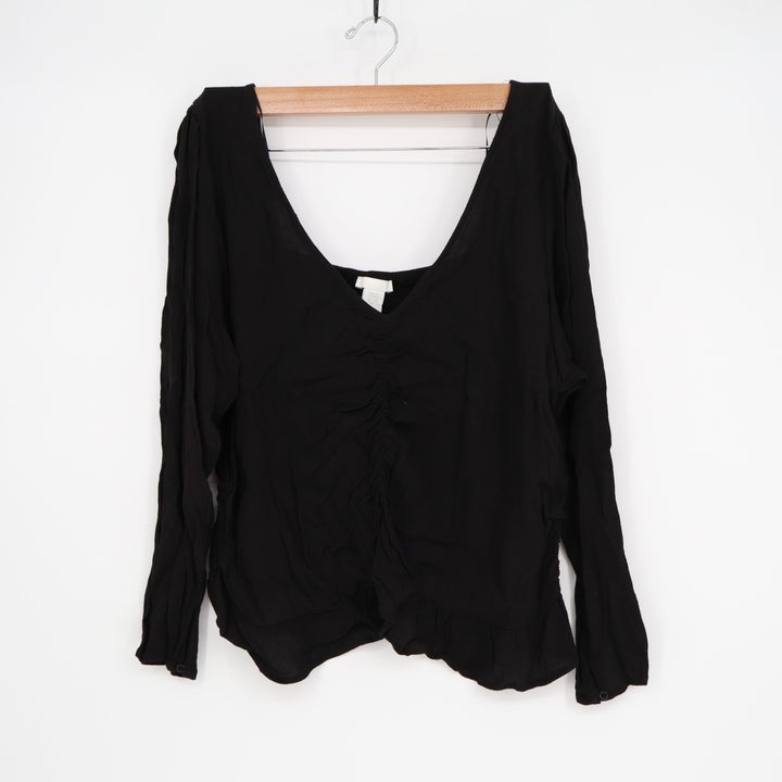 H&M Cropped Top Womens 2XL Black Ruched Long Sleeve V-Neck Backless Pullover