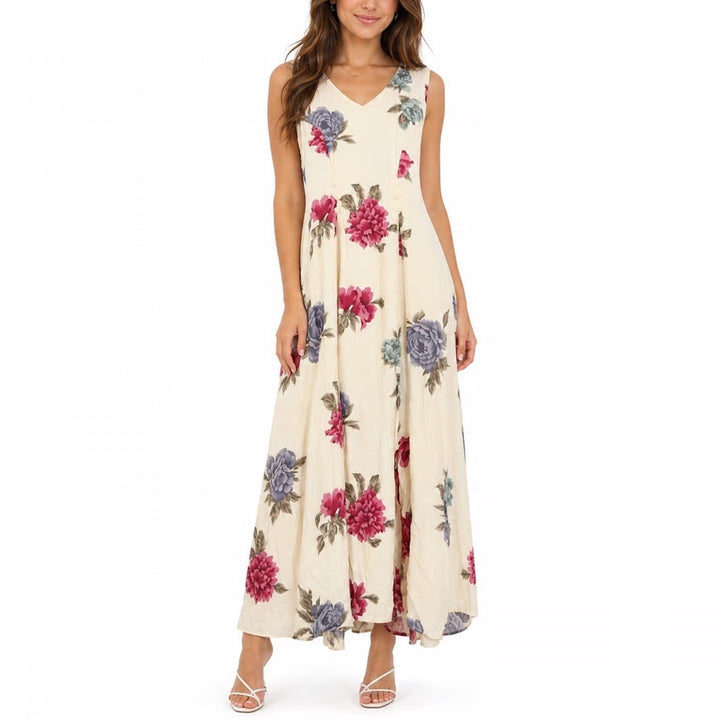 En Focus Vintage Floral Maxi Dress Cream Pink Rose V-Neck Sleeveless 5/6