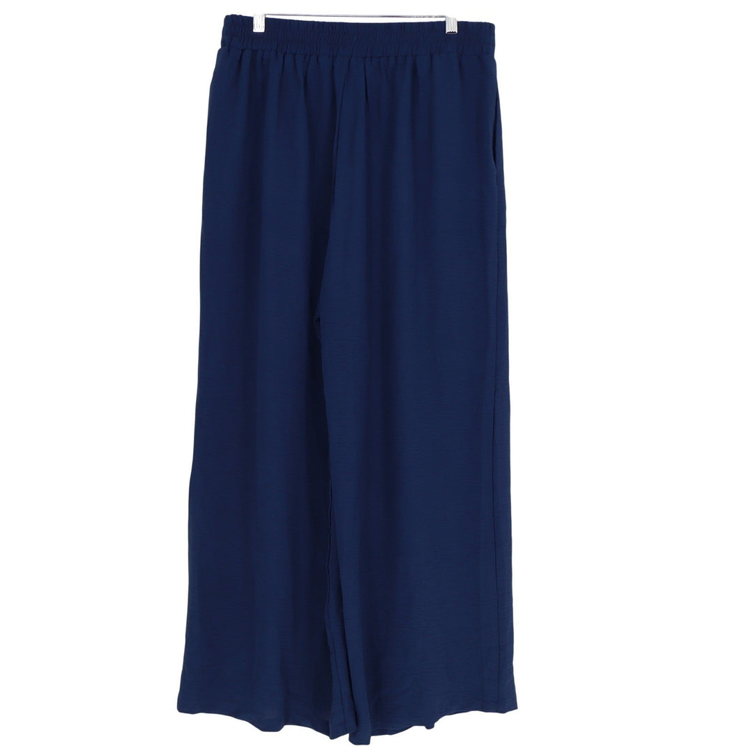 Navy Blue Wide Leg Flowy Palazzo Pants Elastic Waist Career Trousers Large