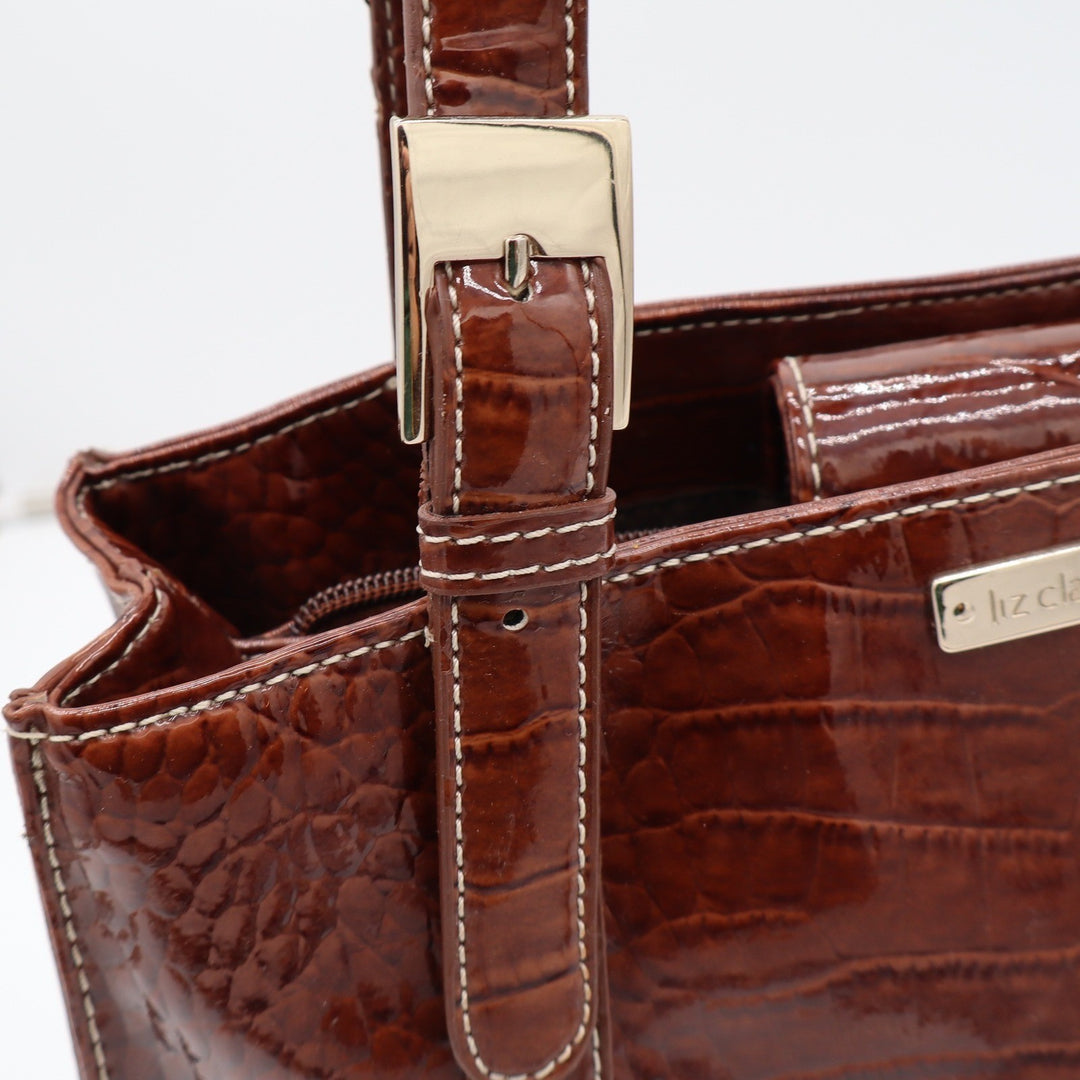 Liz Claiborne Tote Bag Women's Large Croc Embossed Brown Patent Faux Leather
