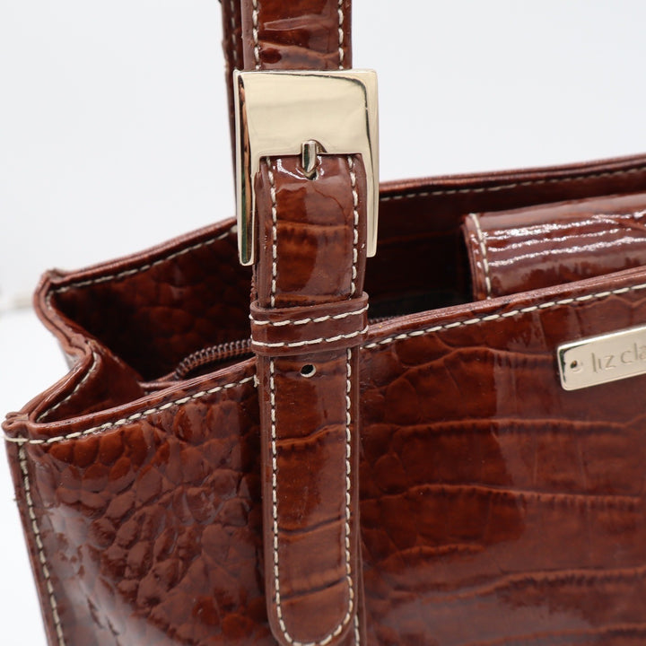 Liz Claiborne Tote Bag Women's Large Croc Embossed Brown Patent Faux Leather