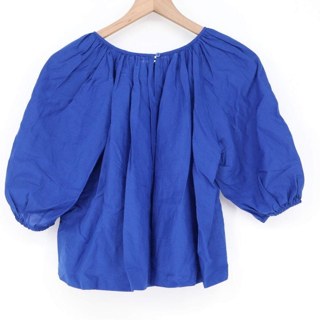 Madewell Shirred Womens 2XS Midnight Blue Cotton Pleated Puff Sleeve Round Neck