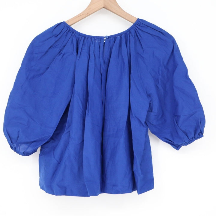 Madewell Shirred Womens 2XS Midnight Blue Cotton Pleated Puff Sleeve Round Neck