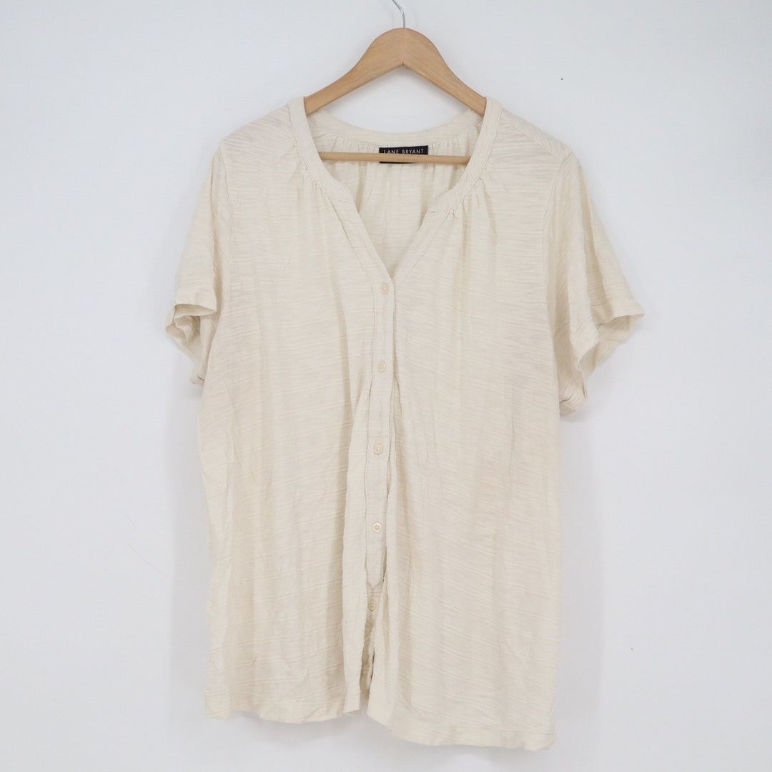 Lane Bryant Cream Slub Knit Button Front V-Neck Top Plus Size 22/24 Short Sleeve