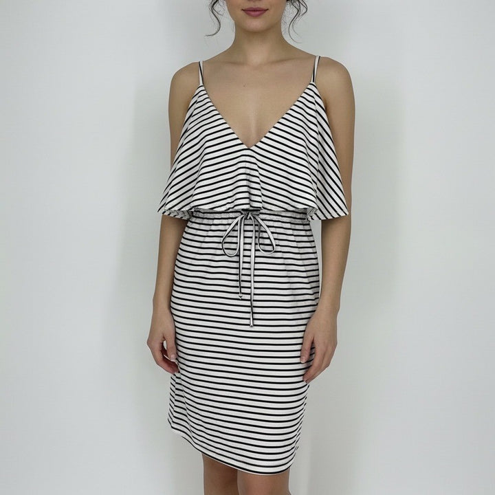 TOPSHOP Striped Mini Dress Black White Spaghetti Strap Tie Waist Size M