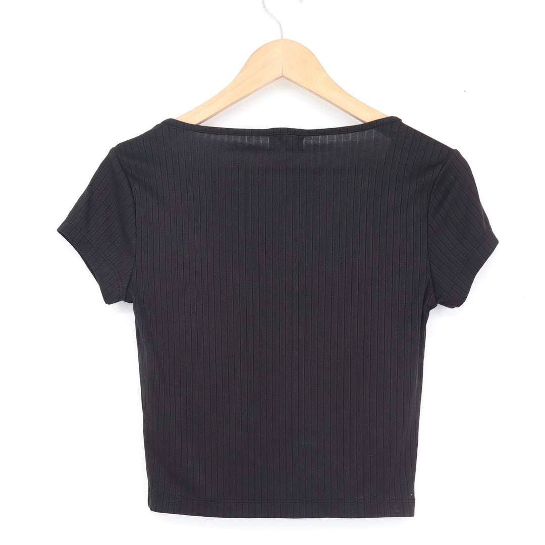 Jolie & Joy Black Ribbed Notched V-Neck Crop Top Short Sleeve Small