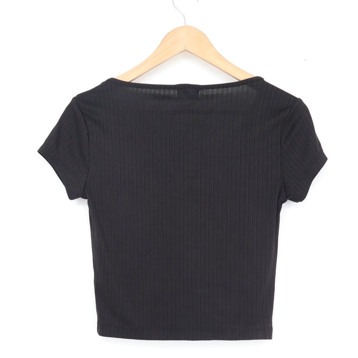 Jolie & Joy Black Ribbed Notched V-Neck Crop Top Short Sleeve Small