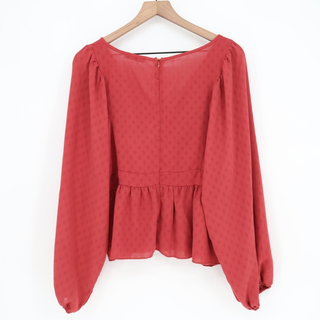 SHEIN Rust Red Diamond Textured V-Neck Bishop Sleeve Peplum Blouse Top Size L
