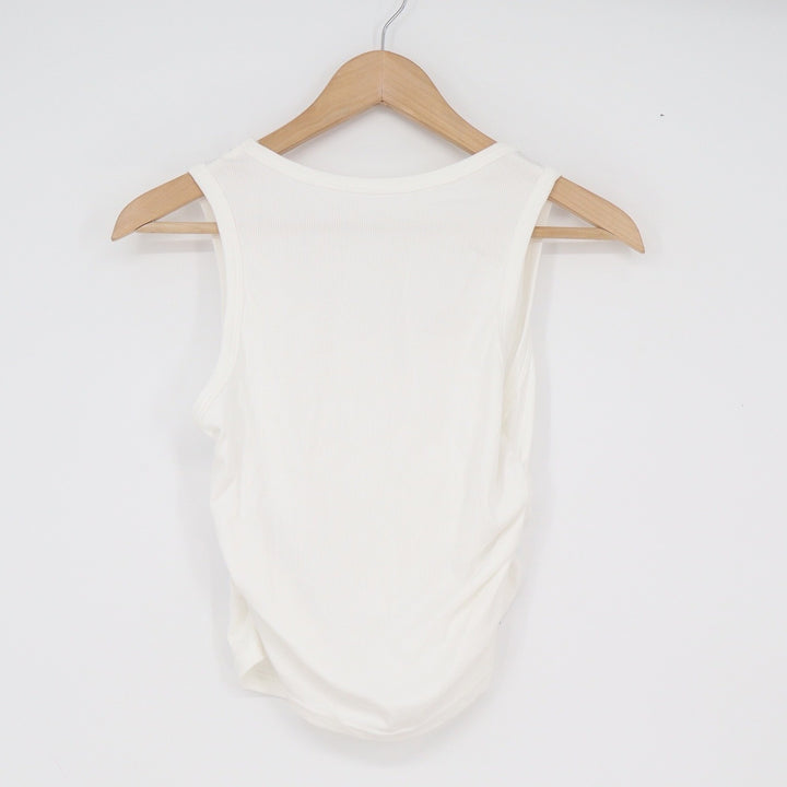 SHEIN White Rhinestone Ribbed Cropped Tank Top Scoop Neck Ruched Sides sz M