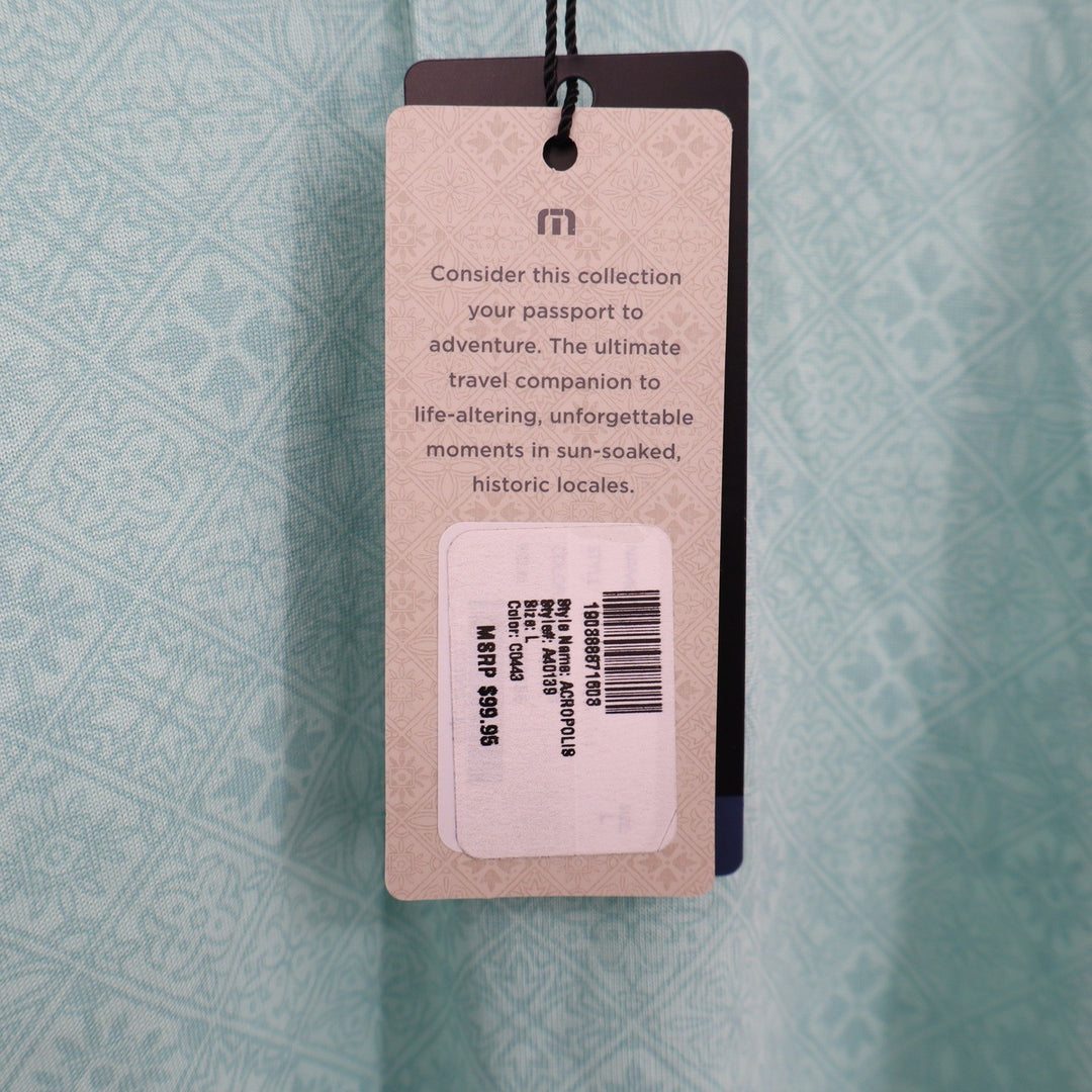 TravisMathew Acropolis Polo Shirt Mens Large Mint Green Geometric Tile