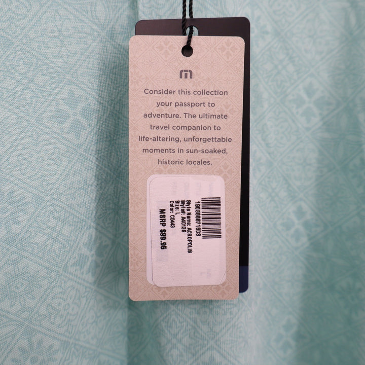 TravisMathew Acropolis Polo Shirt Mens Large Mint Green Geometric Tile