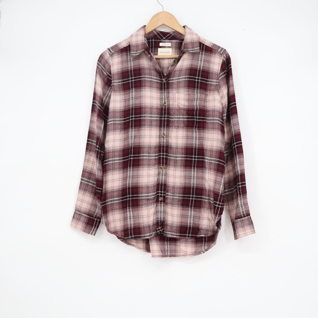 American Eagle Womens Small Boyfriend Fit Plaid Button Down Shirt Burgundy Pink