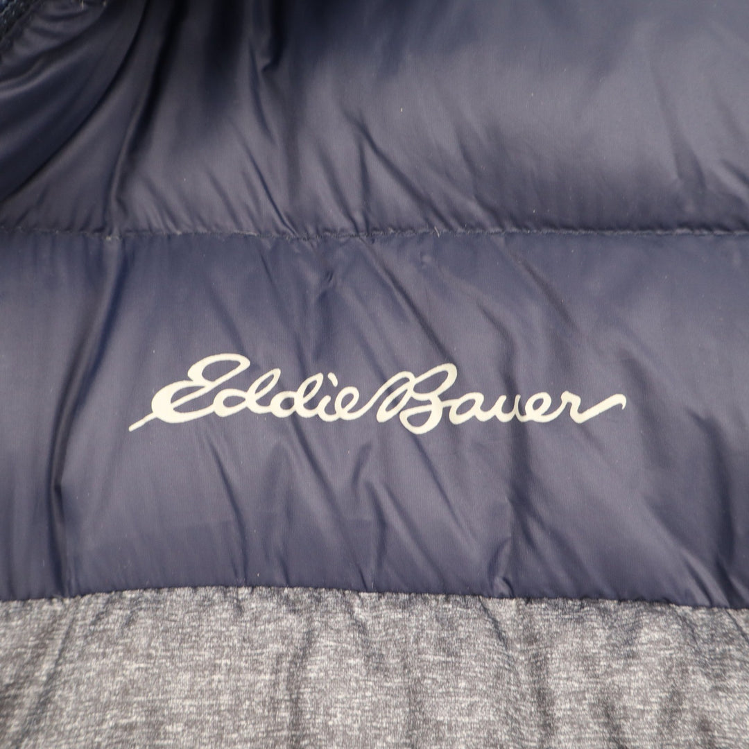 Eddie Bauer Down Hooded Puffer Jacket Mens Medium Navy Blue Grey Colorblock