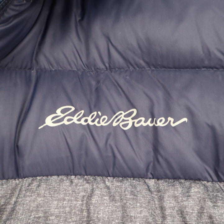Eddie Bauer Down Hooded Puffer Jacket Mens Medium Navy Blue Grey Colorblock