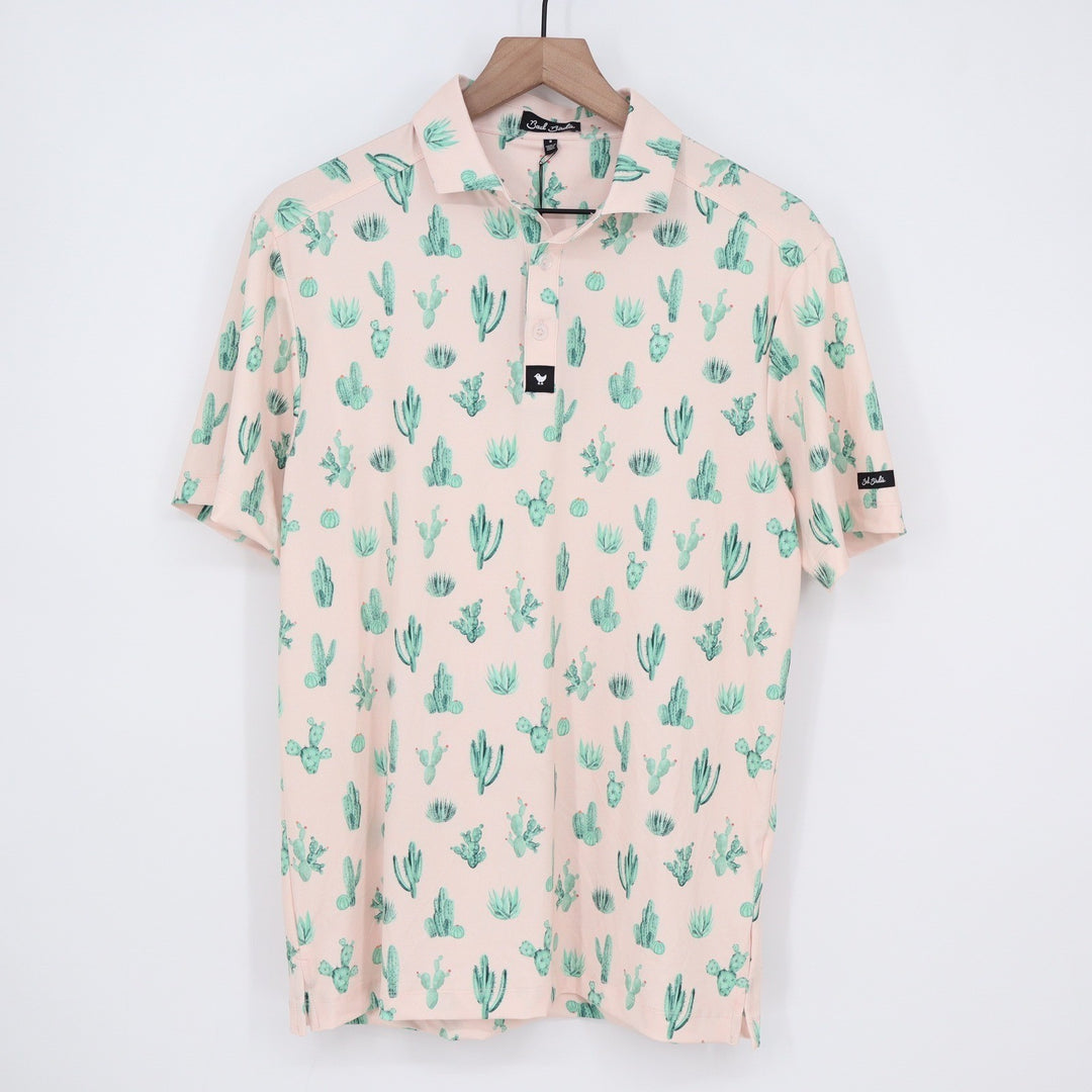 Bad Birdie Mens Thorn in Your Side Cactus Print Golf Polo Peach S