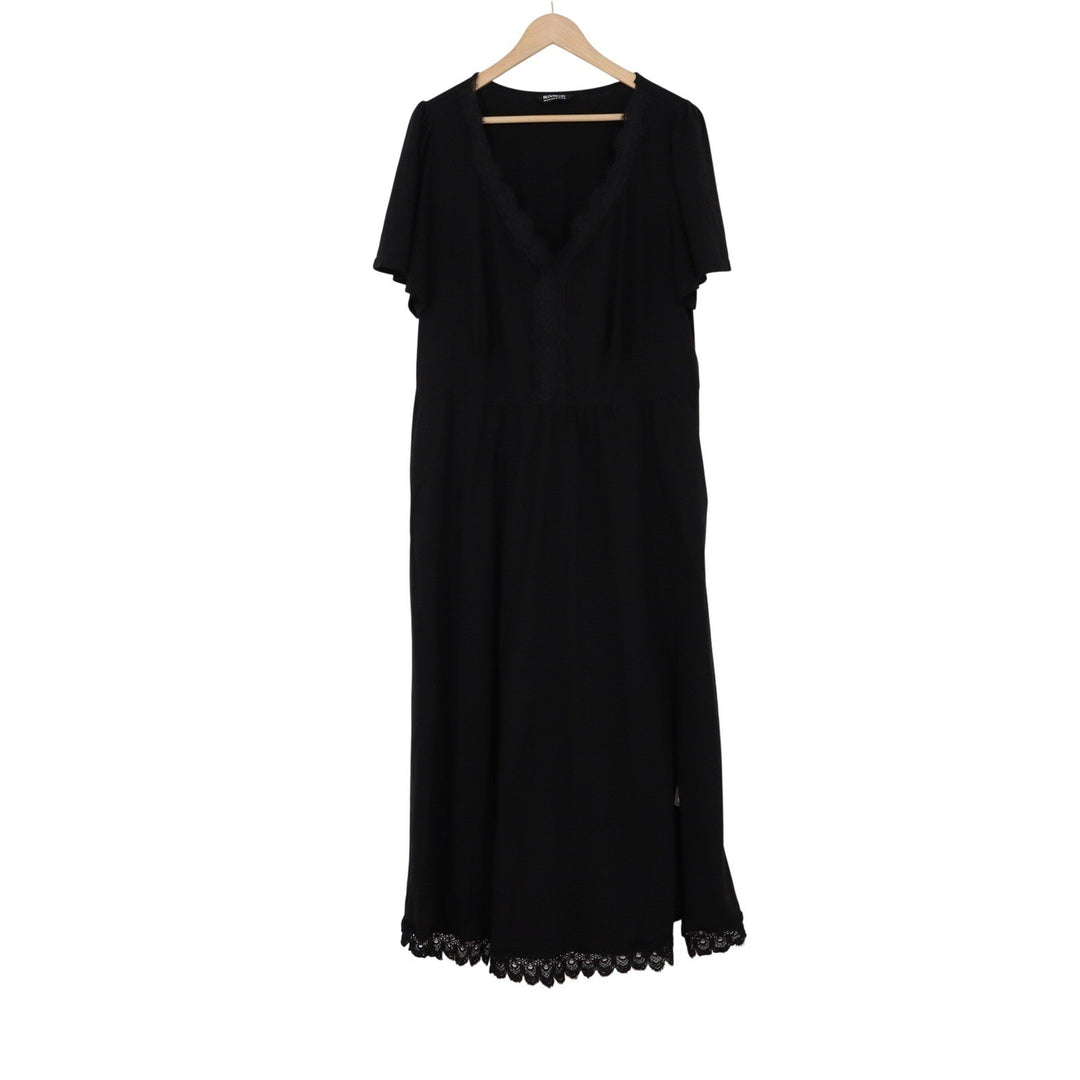 Bloomchic Black Lace Trim V-Neck Midi Dress Plus Size 18-20 Short Sleeve