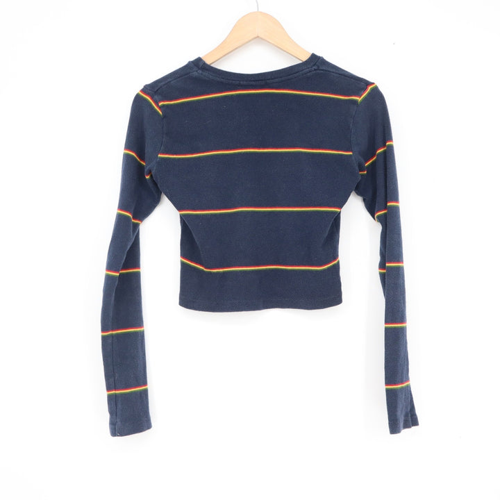 Brandy Melville Navy Blue Striped Long Sleeve Crop Top Crew Neck Size S