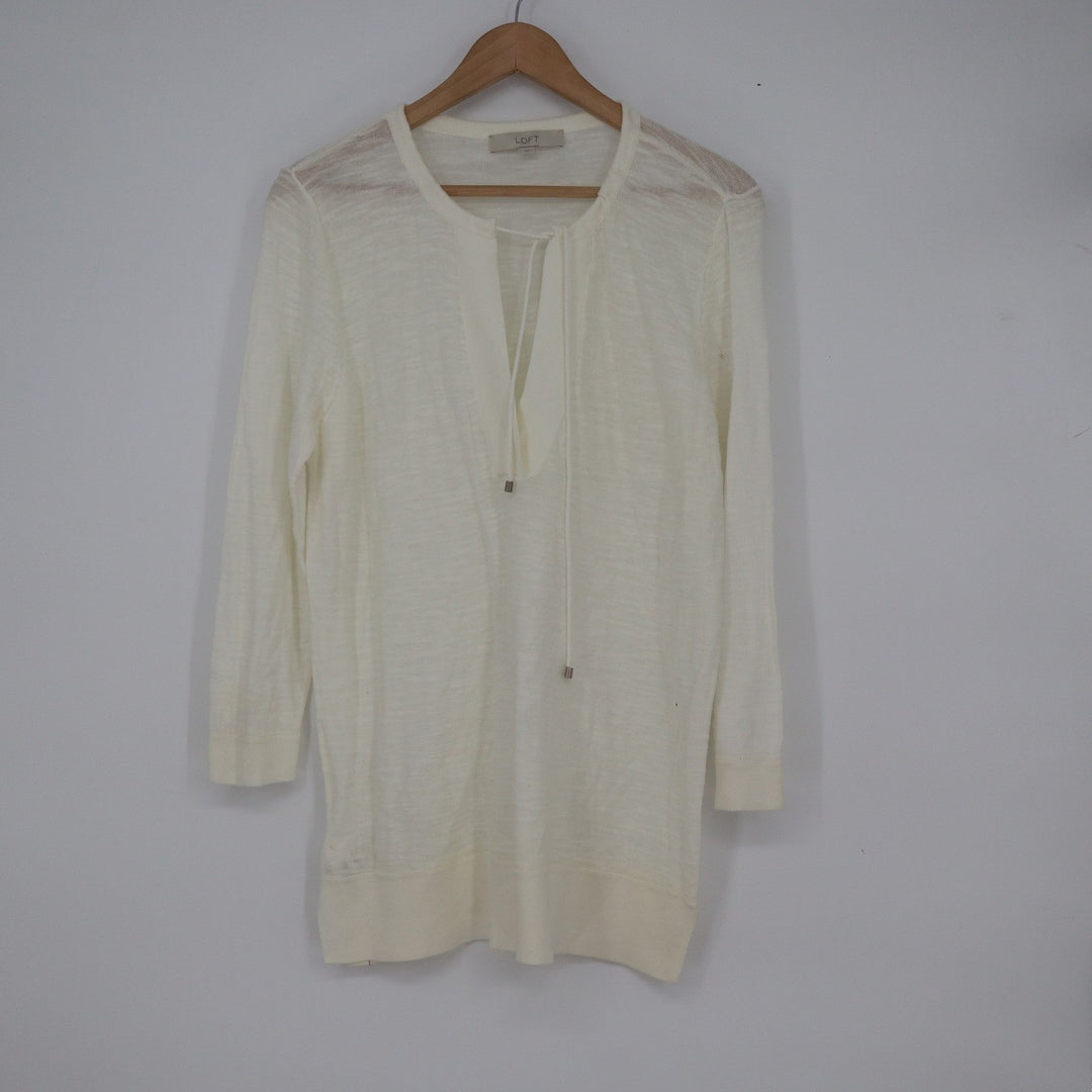 Ann Taylor LOFT Cream Cotton Slub Knit Split Tie Neck 3/4 Sleeve Sweater Large