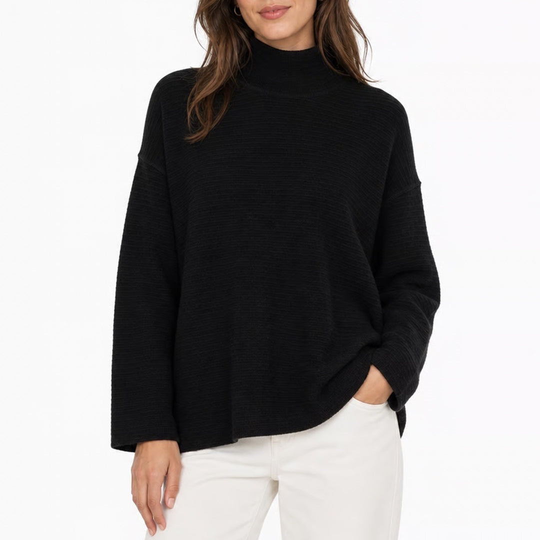 Mono B Black Mock Neck Ribbed Sweater Relaxed Fit Top L
