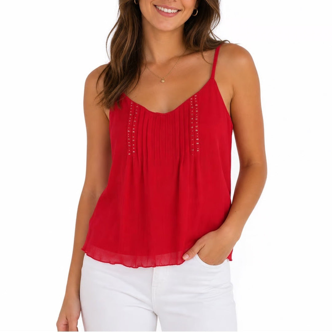One Step Up Red Rhinestone Pleated Camisole Tank Top Plus Size 1X Strap