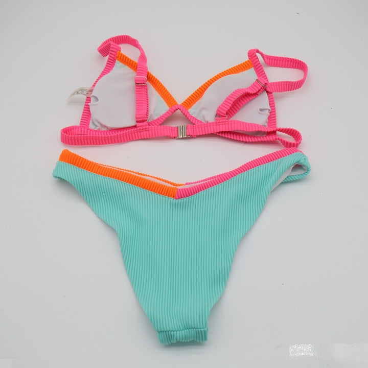 2 Piece Bikini Set Womens Small Aqua Pink Ribbed Stretch Padded Adjustable Strap