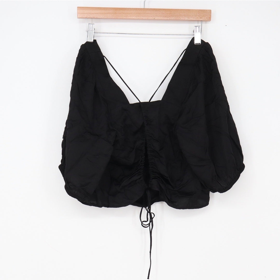 H&M Blouse Womens L Cropped Ruched Puff Sleeve Black Open Back Excellent