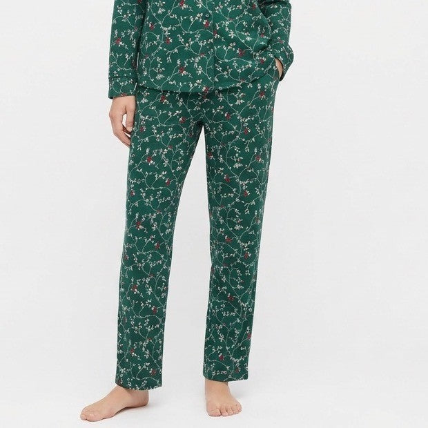 Womens Lounge Pants Medium Cardinal Emerald Green Floral Print Sleepwear Pull On