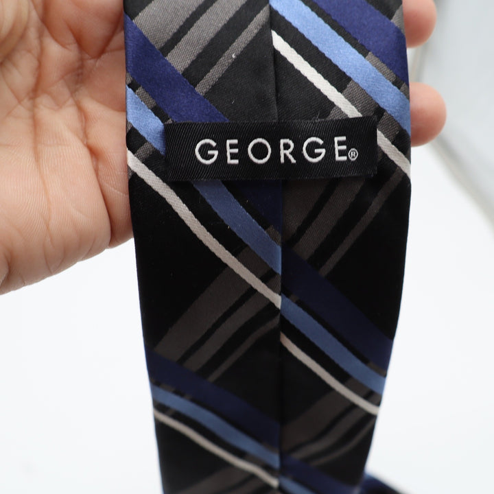 George Necktie Mens OS Plaid Black Blue Grey White Silk Classic Excellent