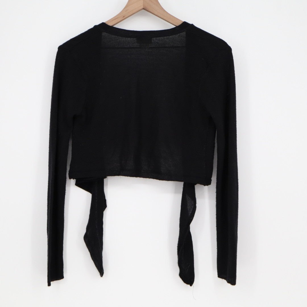 Fashion Bug Cardigan Sweater Womens Medium Black Knit Tie Front Crop Long Sleeve