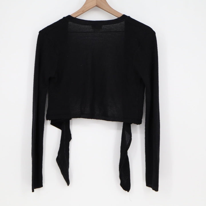 Fashion Bug Cardigan Sweater Womens Medium Black Knit Tie Front Crop Long Sleeve