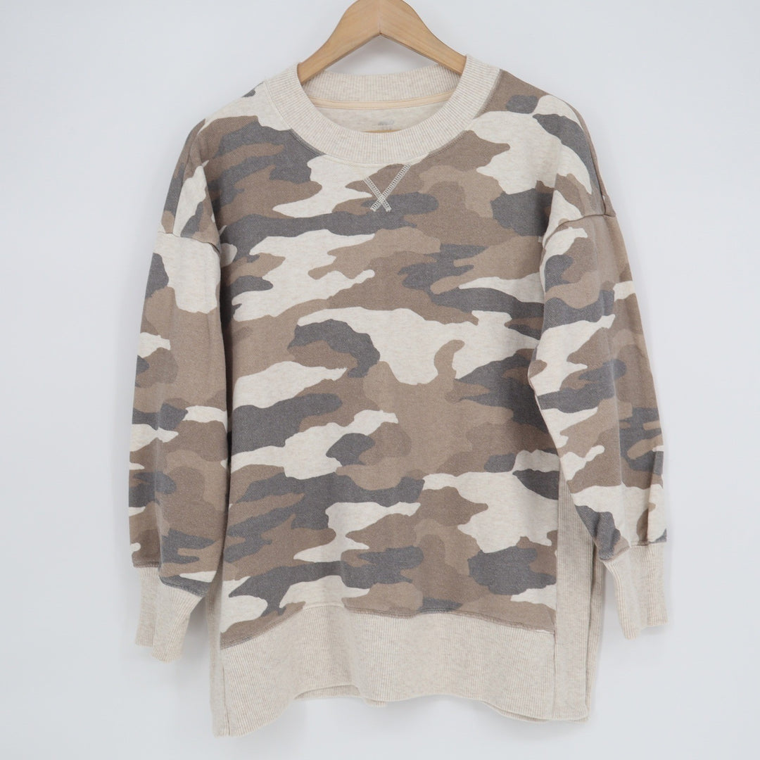 Aerie Camo Oversized Crewneck Sweatshirt Tan Grey S