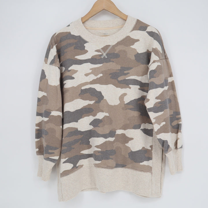 Aerie Camo Oversized Crewneck Sweatshirt Tan Grey S