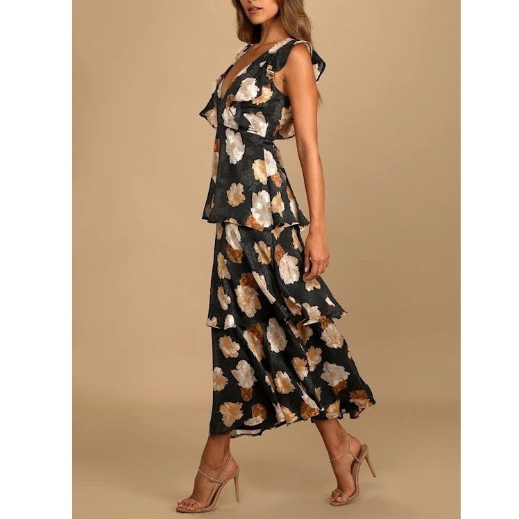 Lulus No Introductions Needed Maxi Dress Womens M Black Burnout Floral Tiered