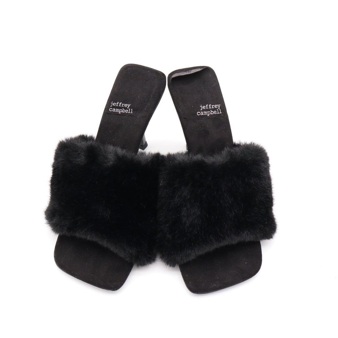 Jeffrey Campbell Utopic Slide Womens US 7.5 Black Faux Fur Stiletto Heel Sandals