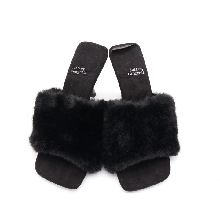 Jeffrey Campbell Utopic Slide Womens US 7.5 Black Faux Fur Stiletto Heel Sandals