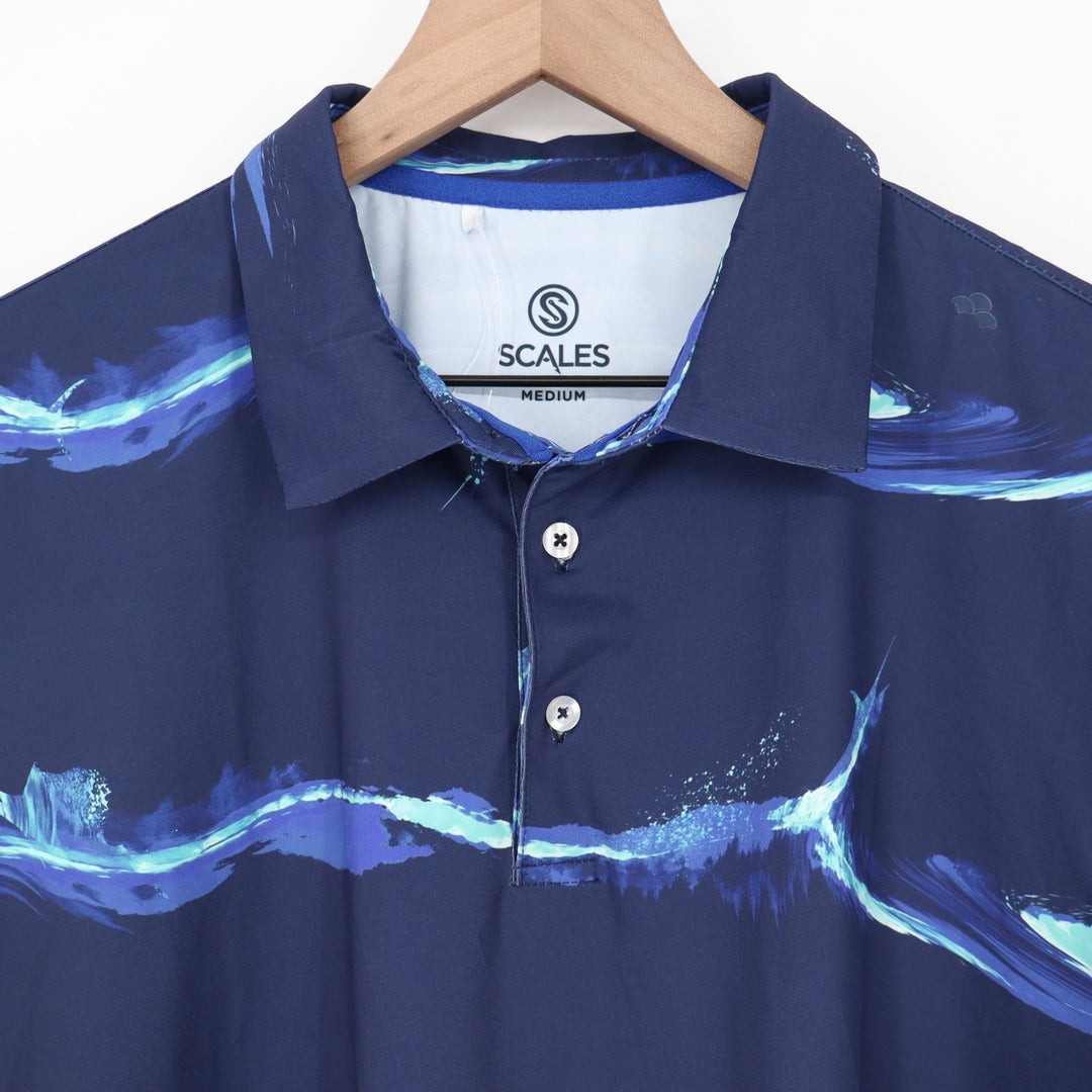 Scales Gear Marlin Strike Polo Shirt Mens Medium Navy Blue Wave Graphic