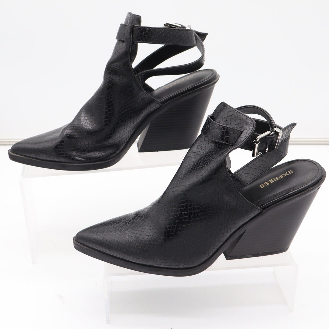 Express Black Snakeskin Embossed Cutout Block Heel Booties Pointed Toe Size 9