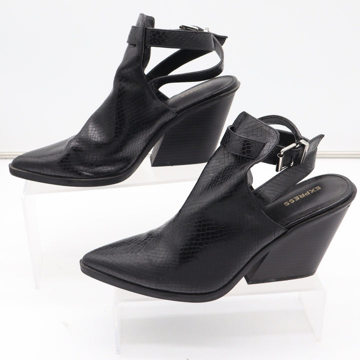 Express Black Snakeskin Embossed Cutout Block Heel Booties Pointed Toe Size 9