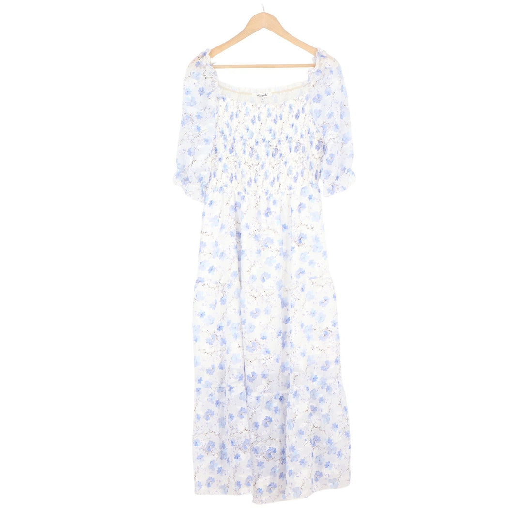 Sissyaki Blue Floral Smocked Midi Dress Square Neck Puff Sleeve Large