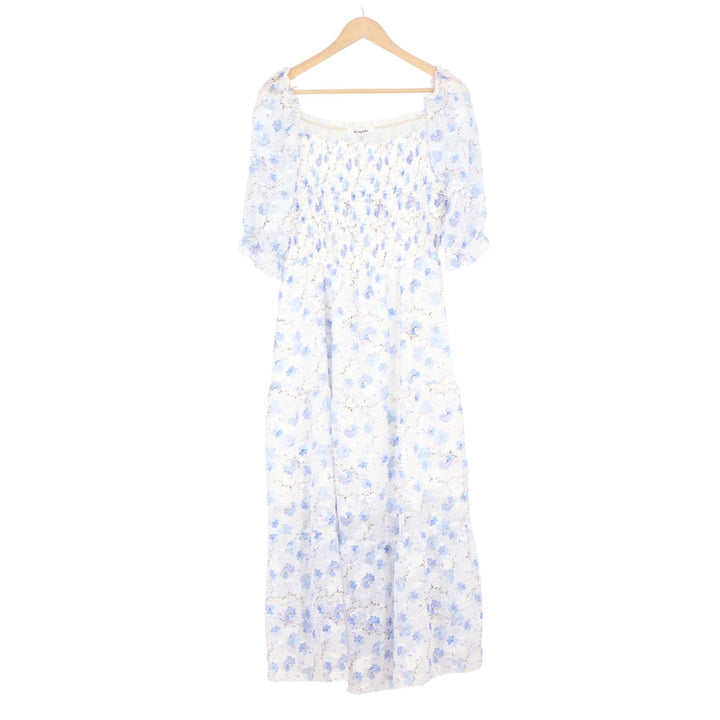Sissyaki Blue Floral Smocked Midi Dress Square Neck Puff Sleeve Large