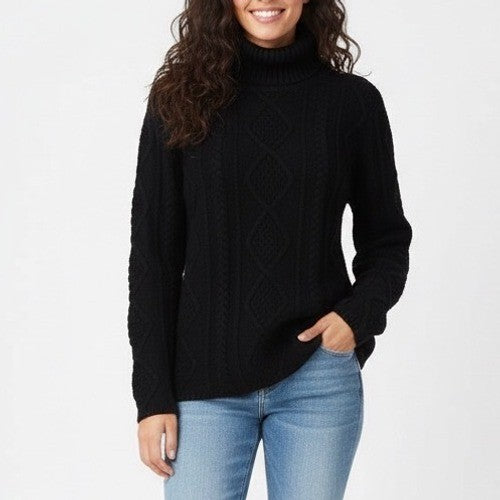 Eddie Bauer Sweater Womens Medium Black Cotton Cable Knit Turtleneck Ribbed