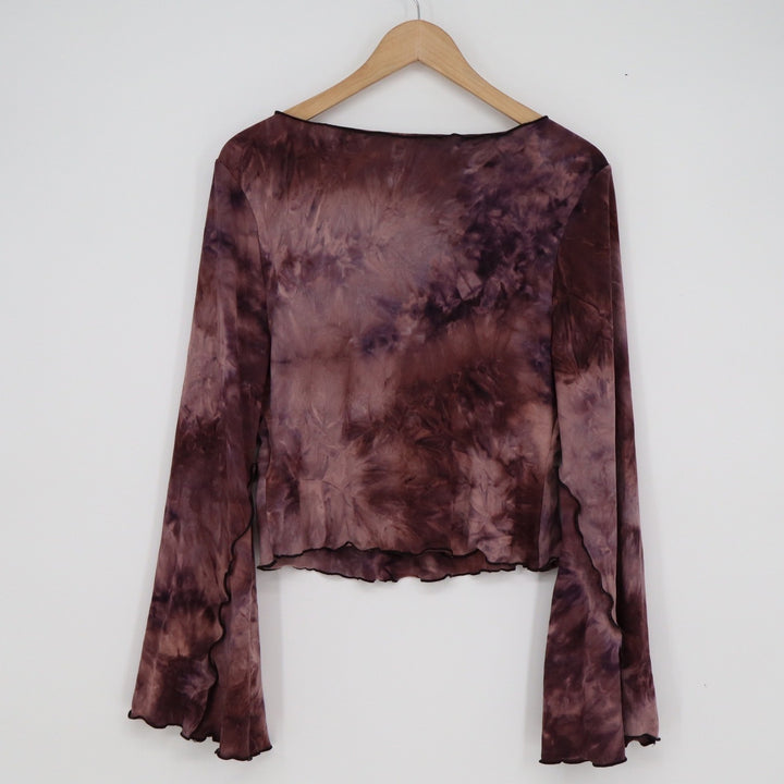 SHEIN Curve Womens 1XL Purple Tie Dye Bell Sleeve Lettuce Trim Crop Top