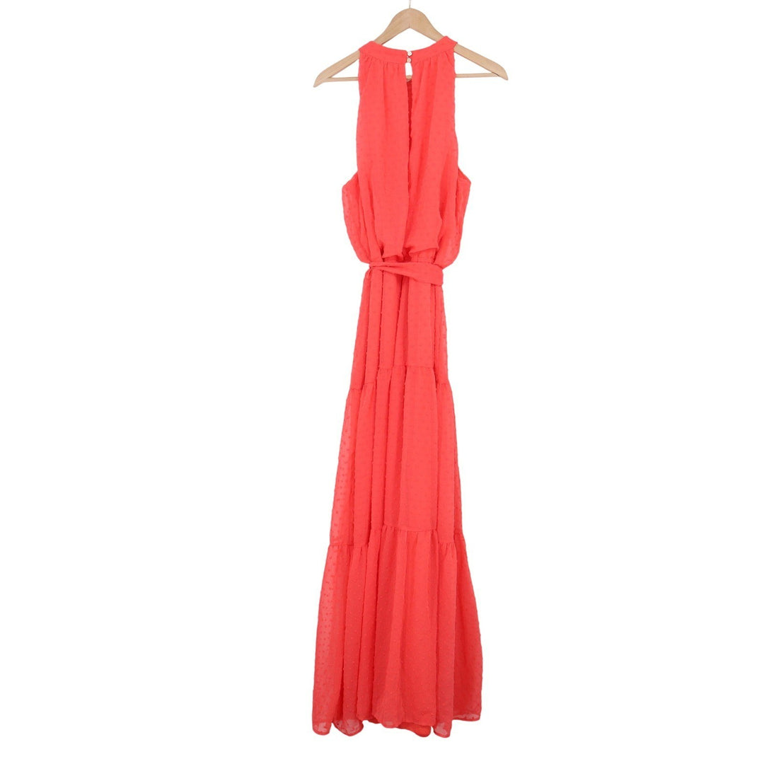 Julia Jordan Coral Swiss Dot Halter Maxi Dress Tiered Sleeveless Pink Size 16