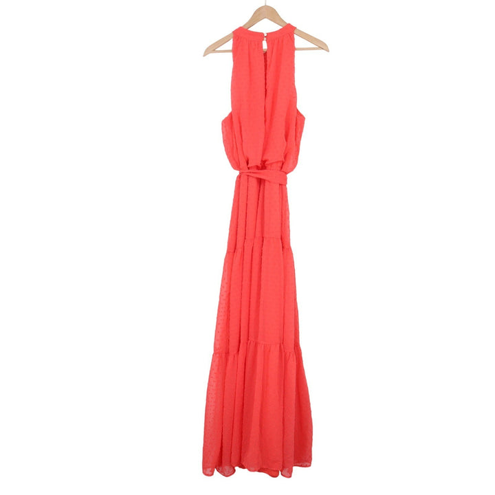 Julia Jordan Coral Swiss Dot Halter Maxi Dress Tiered Sleeveless Pink Size 16