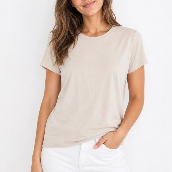 HM Womens XXL Beige Short Sleeve Crew Neck Stretch Nylon Spandex Basic T-Shirt