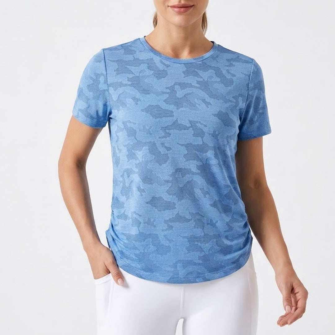 SheIn Easithlete T-Shirt Womens Large Blue Camo Short Sleeve Crew Neck Pullover