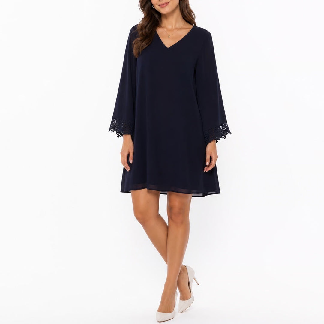 Cato Navy Blue V-Neck Bell Sleeve Crochet Lace Shift Dress M