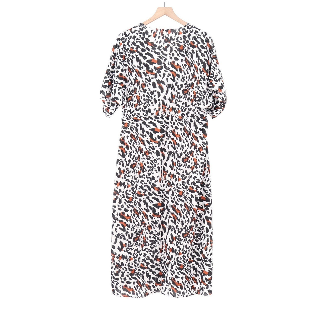 Leopard Animal Print Maxi Dress V-Neck Drawstring Waist Short Sleeve XL